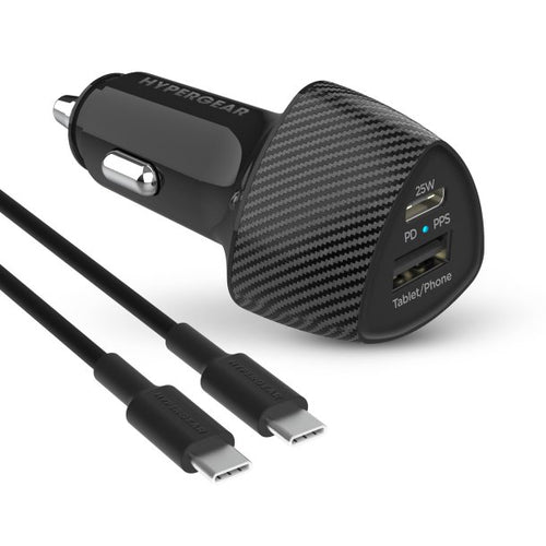 HyperGear SpeedBoost 25W USB-C PD + 12W USB Fast CLA Car Charger w/ PPS 4ft USB-C Cable - Black